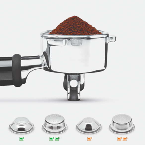  54 mm stainless steel portafilter delivers full flavour with dual and single wall filters